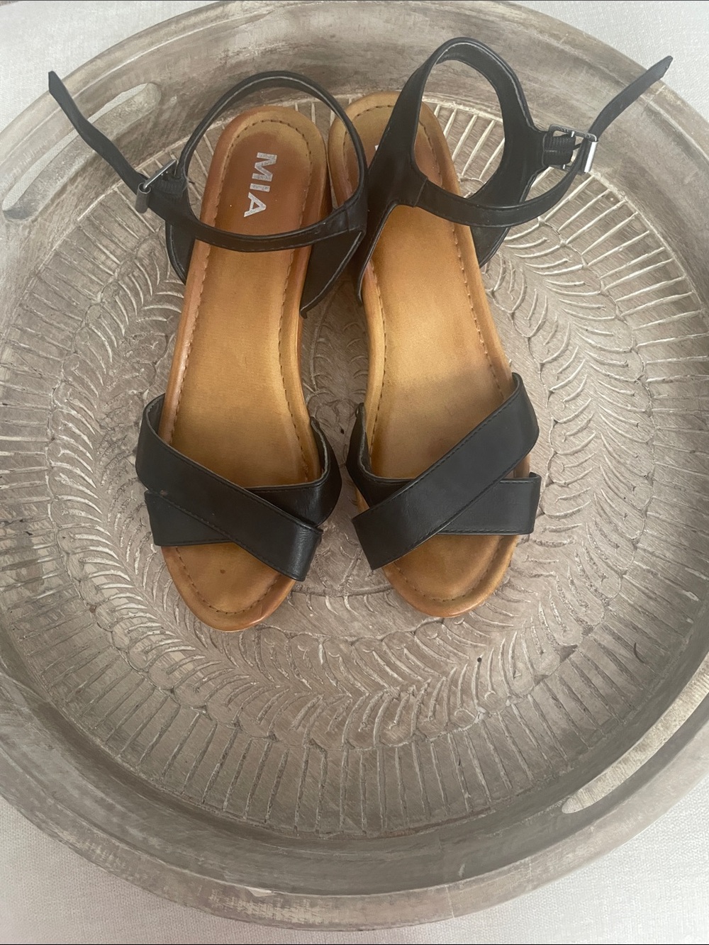 MIA Black Leather Crossover Ankle-Strap Sandals